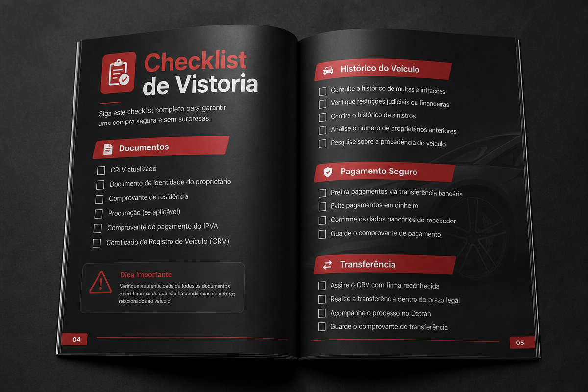 Páginas internas do e-book com checklists de vistoria e diagramas de conferência do veículo